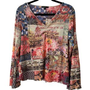 One World  Parisian Graphic V-Neck Flare Sleeve Top Women's Large Vintage Y2K